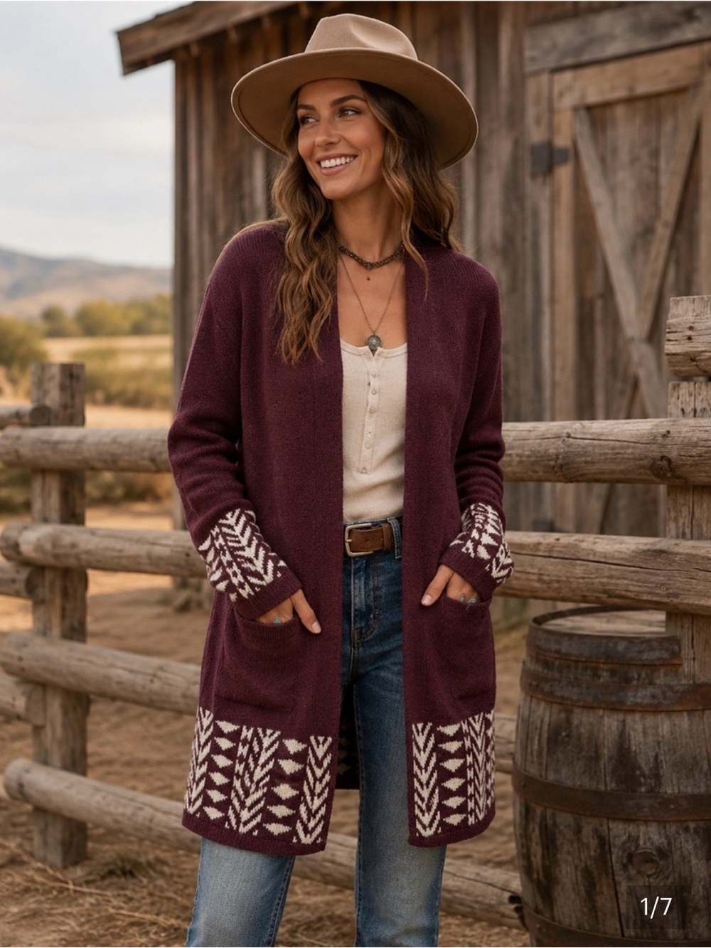 Frye Women's Open-Front Burgundy Cardigan with Cream Geometric Trim